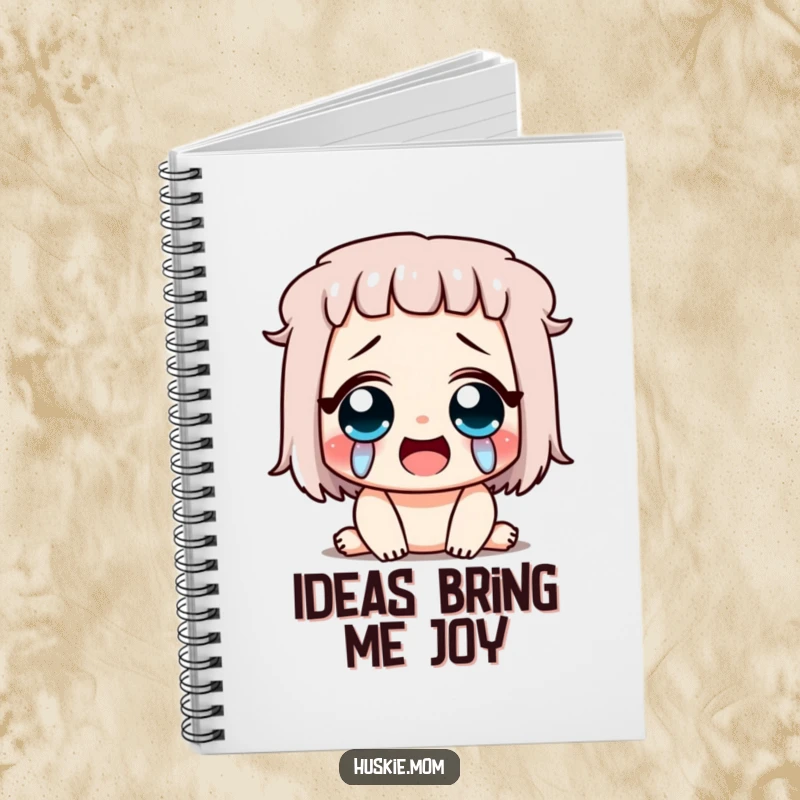 Funny notebook with a character crying happy tears, eyes closed in laughter, ideal for journaling emotions and happy thoughts.