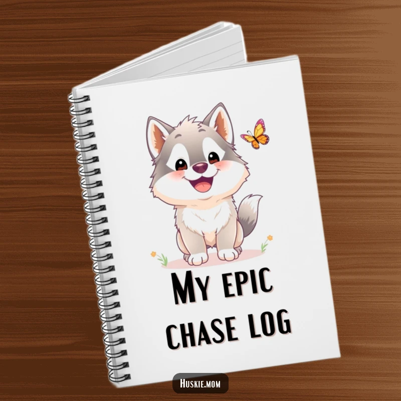 Funny Husky Notebook: A fluffy husky with a happy grin chases a butterfly, perfect for jotting down funny thoughts.