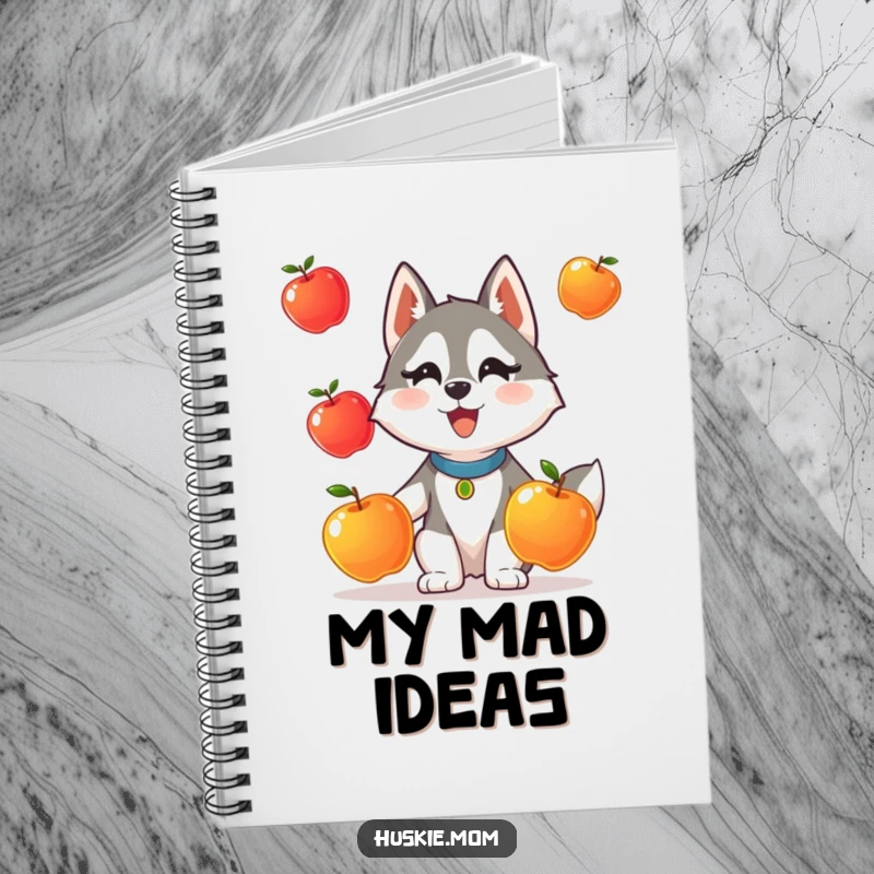 Funny notebook featuring a Husky lady animal comically attempting to juggle three shiny apples.