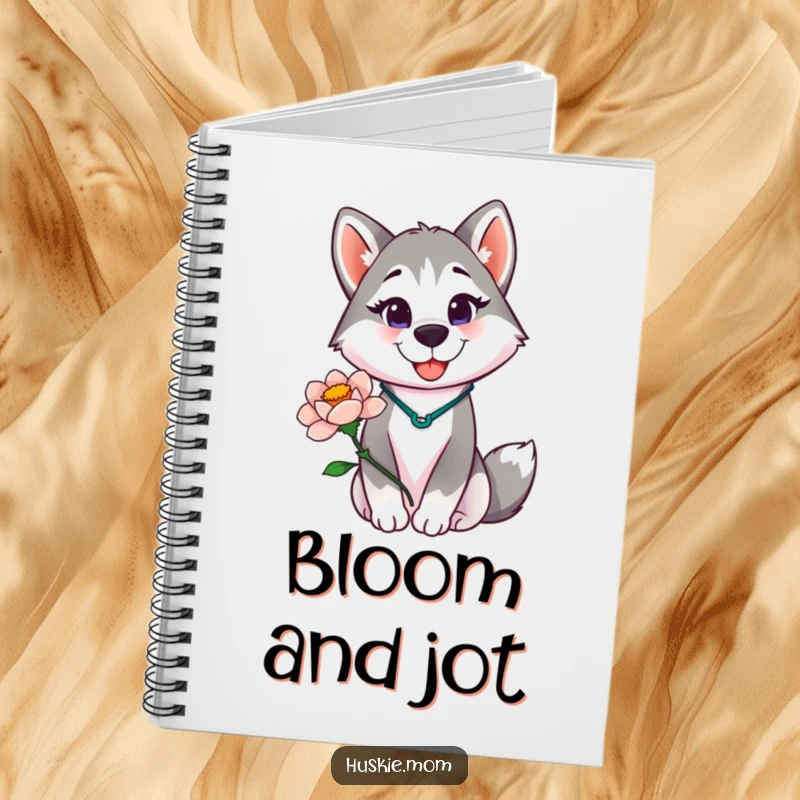 Funny Husky Lady Notebook, perfect for journaling, featuring a proud husky lady holding a blooming flower, inspirational and humorous.
