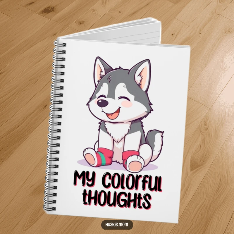 Funny Husky Lady Notebook featuring a giggling husky wearing mismatched colorful socks, great for jotting funny notes.