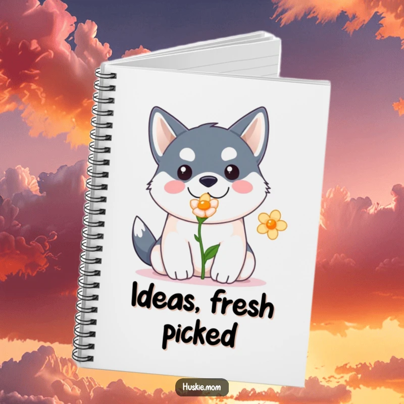 Funny Kawaii Husky Notebook: Cute husky with a flower on a notebook, ideal for writing and funny gifts.