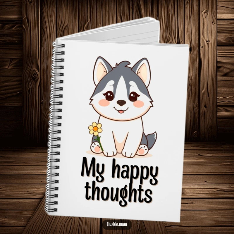 Funny Kawaii Husky Notebook: A cute husky offers a flower with a happy smile, perfect for journaling sweet thoughts.