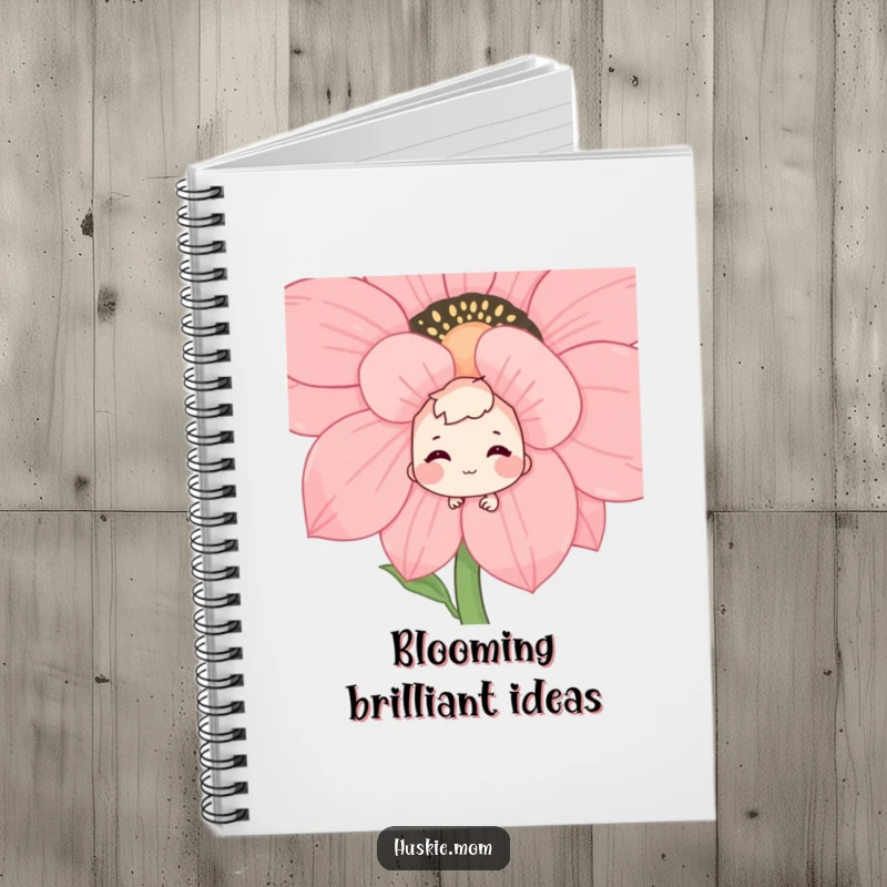 Funny notebook with a shy character peeking from behind a floral bloom, a subtle, happy grin suggesting hidden thoughts, ideal for notes.