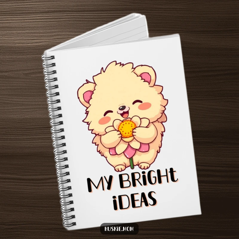 Funny Notebook featuring a fluffy animal with a sunny disposition embracing a colorful bloom, ideal for jotting down happy thoughts humorously.