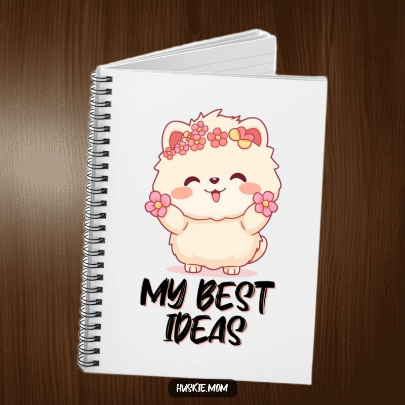 Funny fluffy animal with flowers in fur, warm inviting gesture, cute notebook for journaling, floral design.