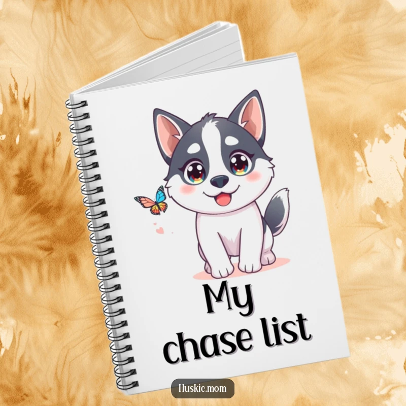 Funny Kawaii Husky Notebook: A cute husky playfully chases a butterfly, perfect for journaling fun thoughts.