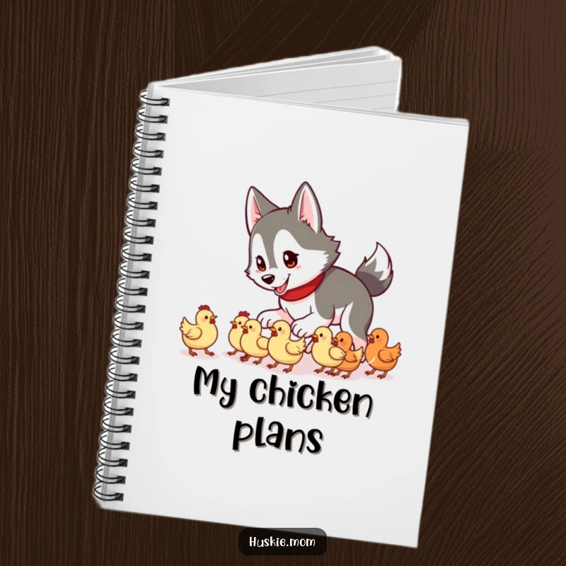 Funny Husky Lady Notebook featuring a husky playfully herding small chickens, great for jotting farming ideas.
