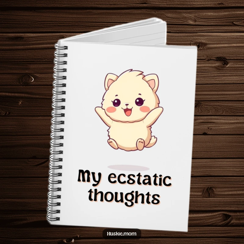 Funny fluffy animal notebook with a cheerful expression jumping with excitement, perfect for journaling or taking notes with an energetic feel.