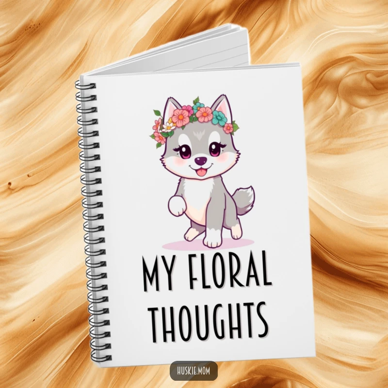 Funny kawaii husky puppy prancing with a flower crown on the cover of a notebook, inspiring sweet ideas.