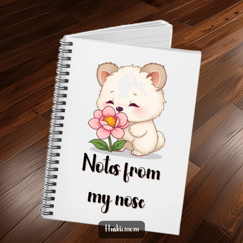 Funny Notebook: Journal with a cover showing a fluffy animal curiously sniffing a flower, perfect for jotting down thoughts and sketches.