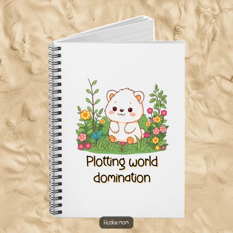 Funny notebook with a cheerful fluffy animal overlooking a detailed garden, ideal for writing and sketching.