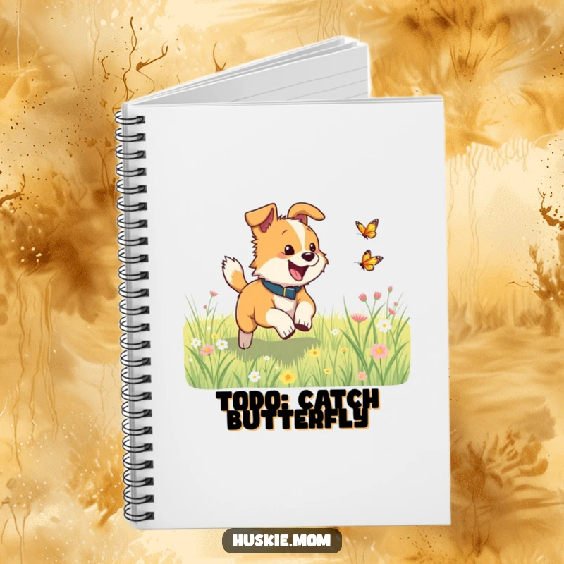 Funny dog excitedly chasing a butterfly in a meadow on the cover of a notebook, inspiring adventure.
