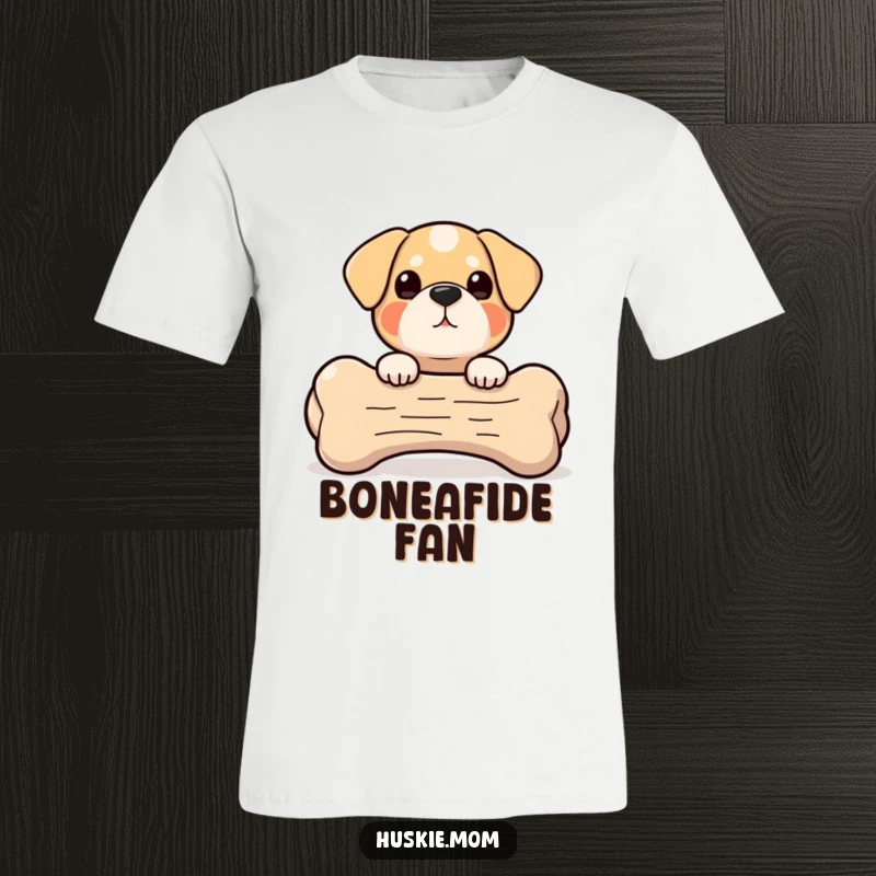 Peek-a-Boo Bone Dog T-Shirt: A small, round dog with big eyes playfully peeks from behind a comically large bone.
