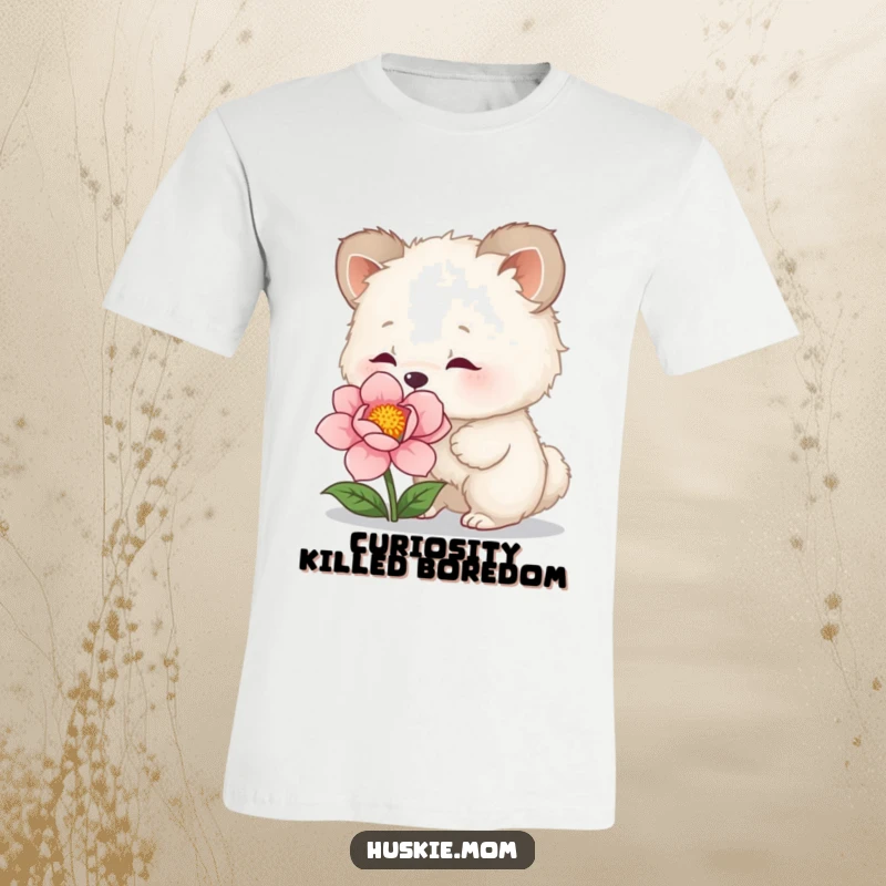 Funny T-Shirt: Soft tee with a fluffy animal curiously sniffing a blooming flower, celebrating nature's wonders with humor.