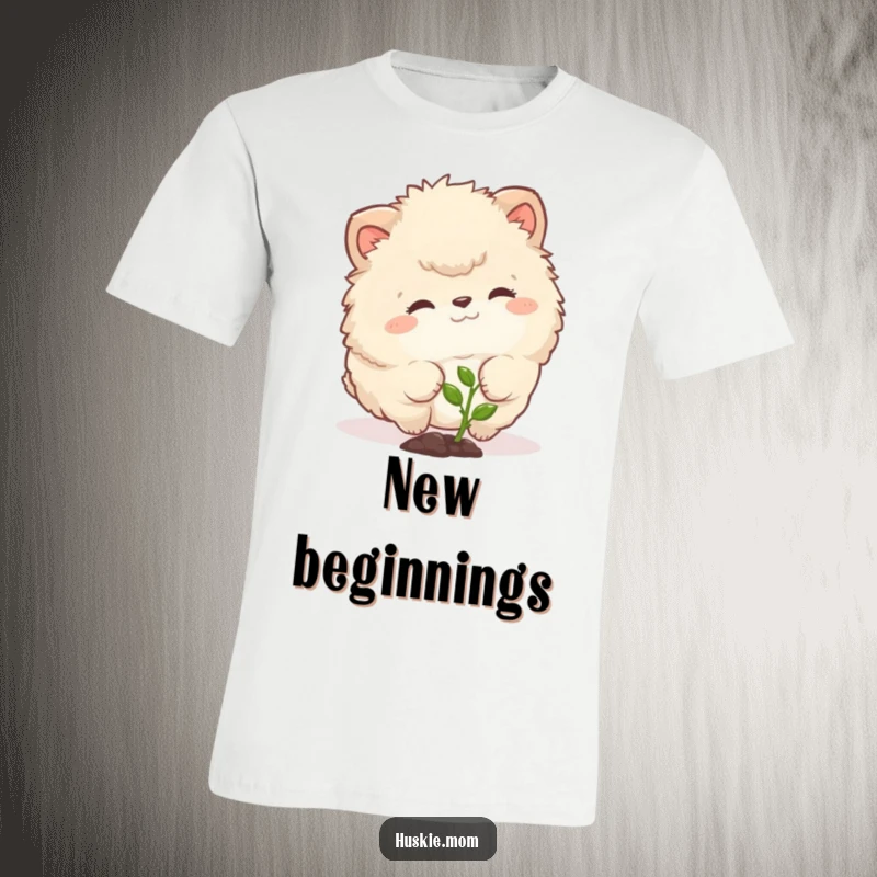 Funny t-shirt of a fluffy animal with a curious expression nudging a tiny sprout, a humorous design about new beginnings.