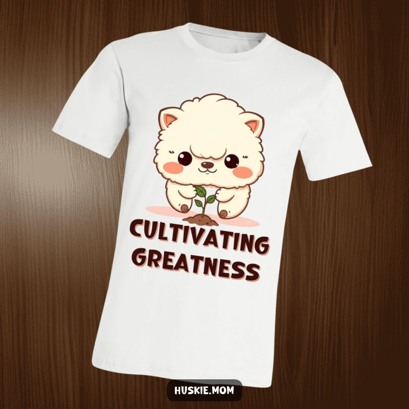 Funny t-shirt depicting a fluffy animal with a resolute expression planting a small seed, representing ambition.