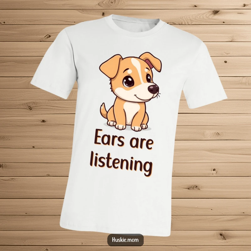 Funny dog tilting its head with a curious and playful expression on a t-shirt, highlighting cute inquisitiveness.