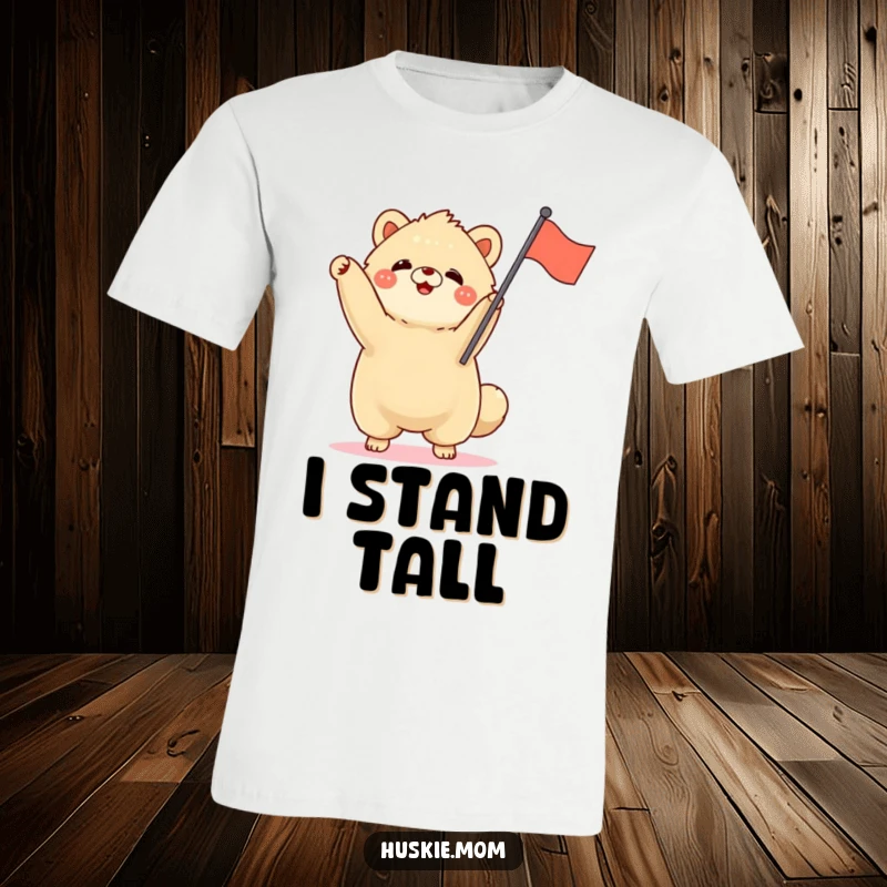 Funny fluffy animal standing tall, waving a small flag with enthusiasm, proud celebration t-shirt, victory spirit design.