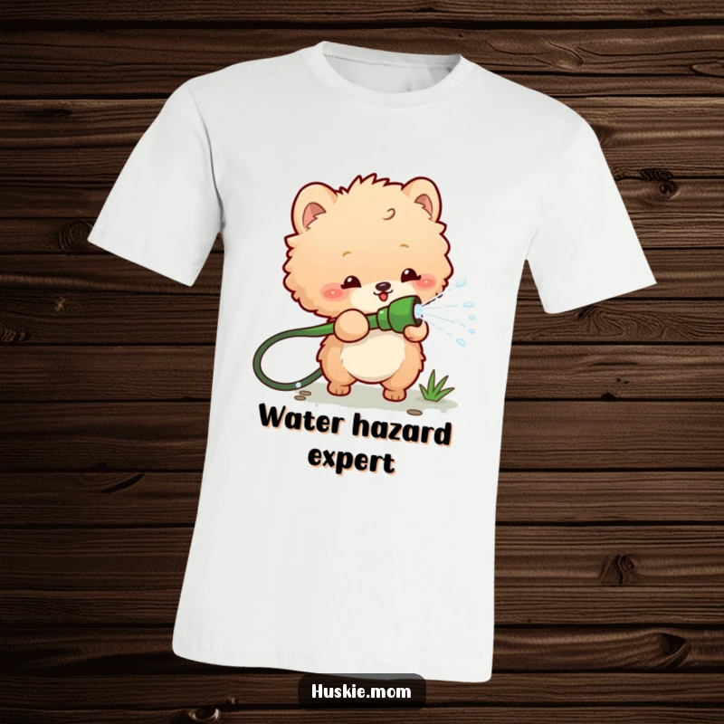 Funny t-shirt featuring a fluffy animal playfully spraying water from a garden hose, perfect for conveying a fun-loving and energetic personality.