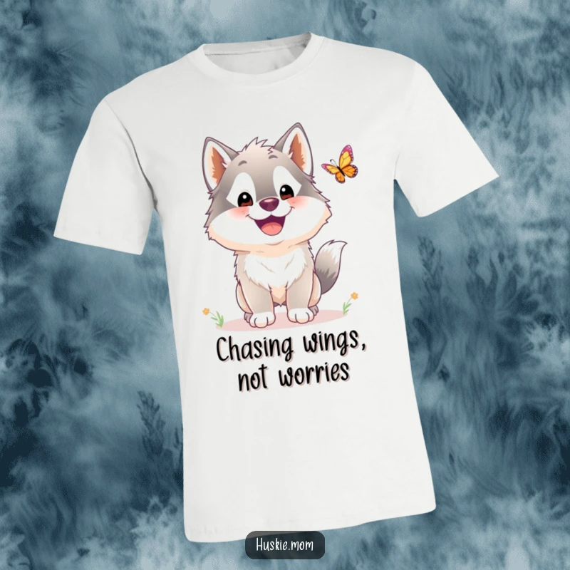 Funny Husky T-Shirt: A fluffy, grinning husky enthusiastically chases a butterfly, radiating pure, unadulterated happiness.