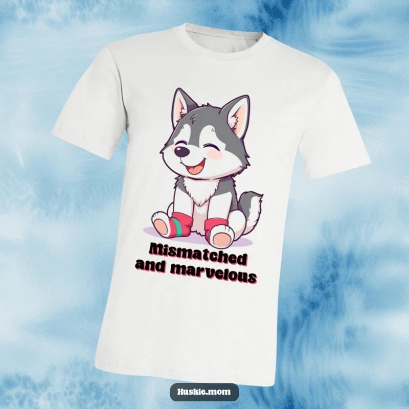 Funny Husky Lady T-Shirt showing a husky giggling while wearing brightly mismatched socks, exuding joy.