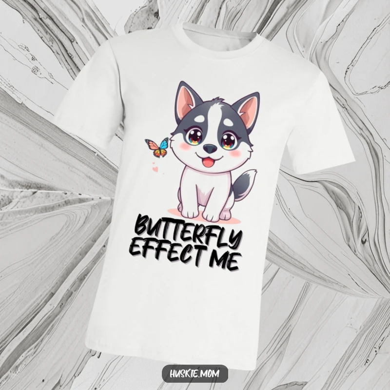 Funny Kawaii Husky T-Shirt: A cute husky joyfully chases a butterfly, embodying funny, playful energy.