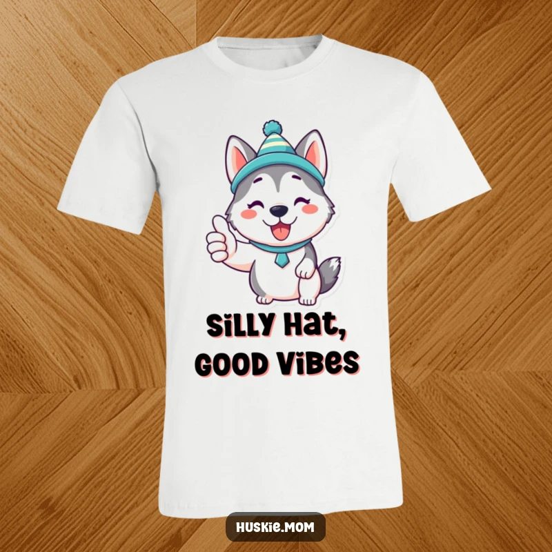 Funny Kawaii Husky T-Shirt: A cute Husky wearing a funny, oversized hat and giving a positive thumbs up gesture, looking happy.