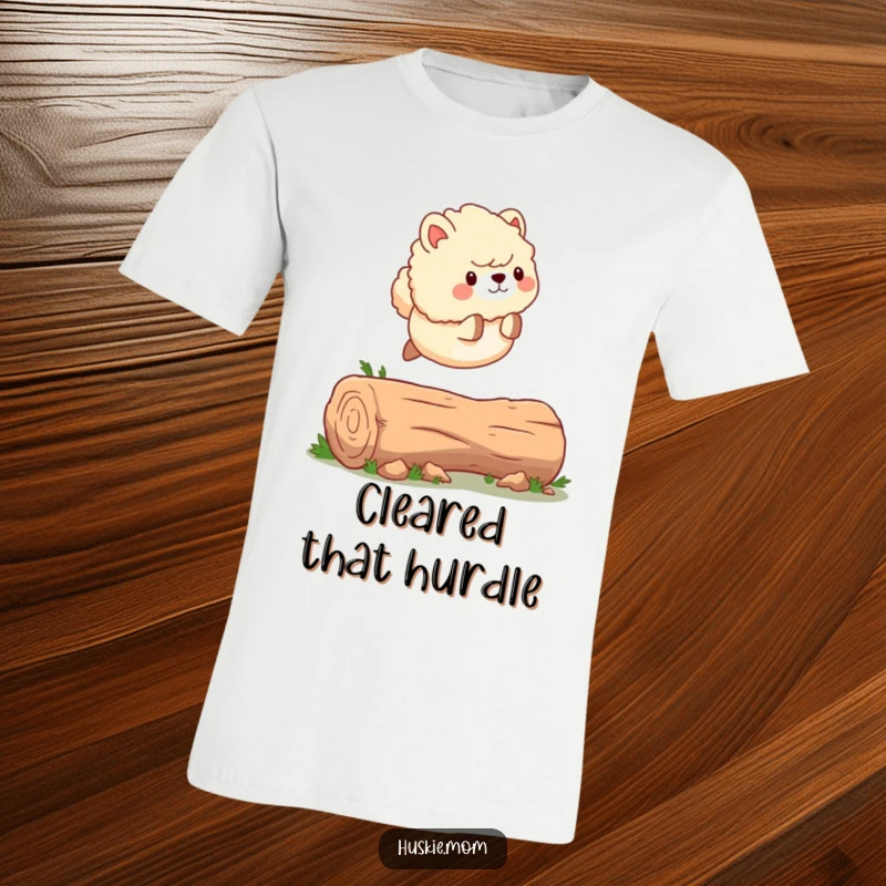 Funny T-Shirt: A fluffy animal with a wagging tail in mid-air, leaping energetically over a fallen log.