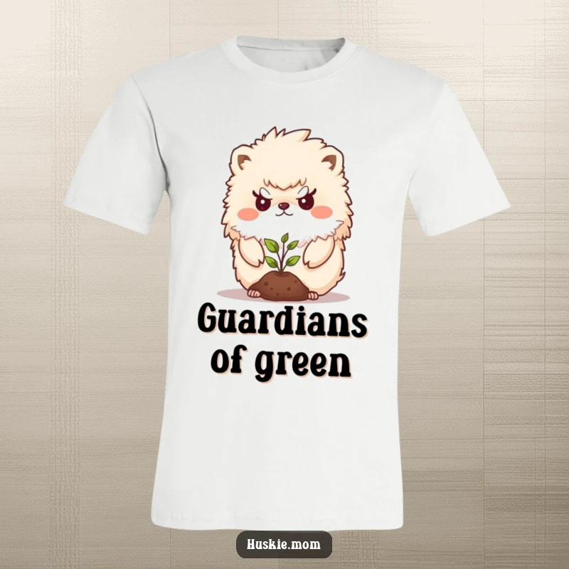 Funny T-Shirt depicting a fluffy animal with a determined expression bravely shielding a small seedling, a humorous protector.