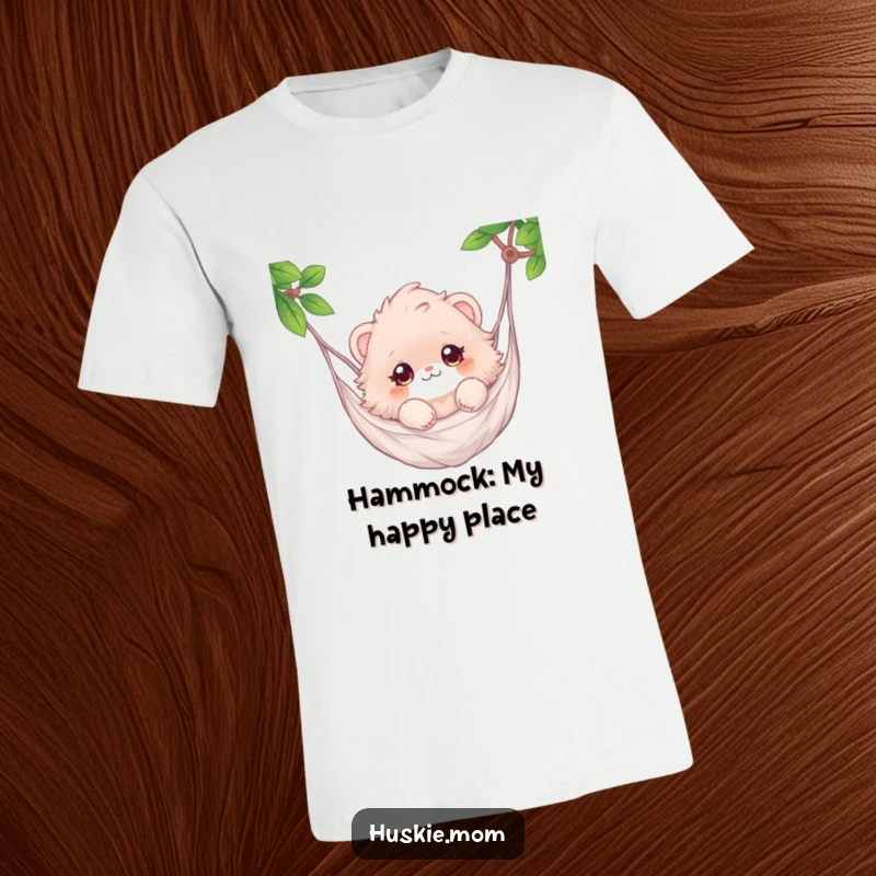 Funny T-shirt depicting a fluffy animal with wide, sparkling eyes gently swaying in a hammock, looking utterly content.