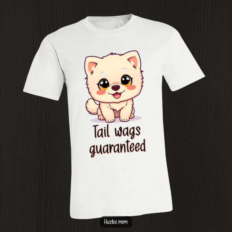 Happy Wagging Dog T-Shirt: A cute, fluffy dog with large eyes happily wags its tail, symbolizing boundless joy and enthusiasm.