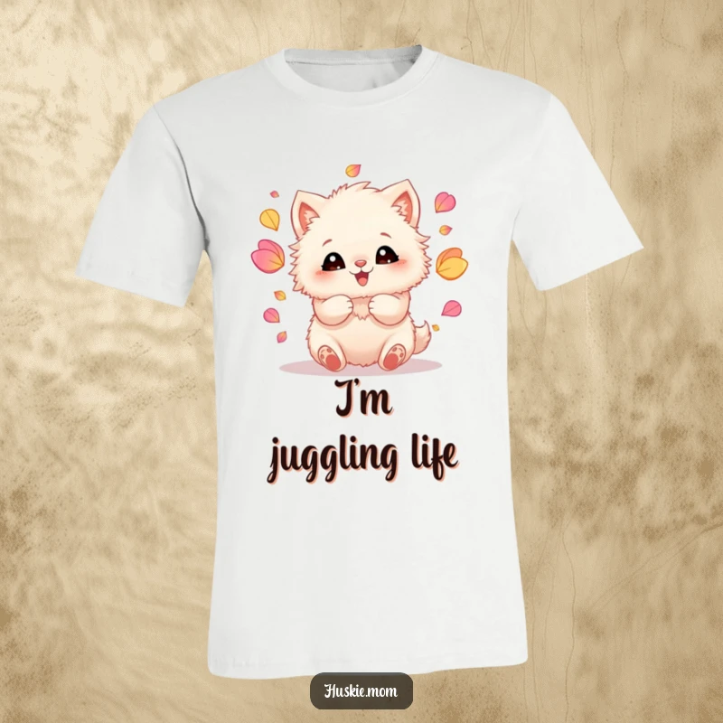 Funny t-shirt with a fluffy animal joyfully juggling colorful petals with its paws, showcasing a playful and happy disposition.