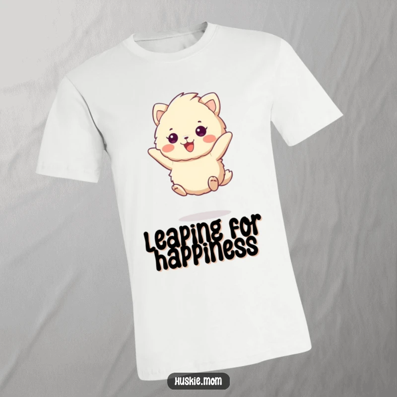 Funny t-shirt showcasing a fluffy animal jumping with immense joy and a wide, cheerful expression, celebrating pure, unadulterated happiness.