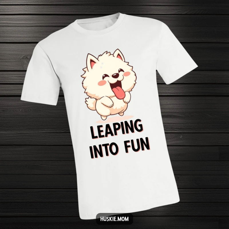 Funny t-shirt of a fluffy animal joyfully leaping with its tongue out and a happy bark, conveying pure excitement.