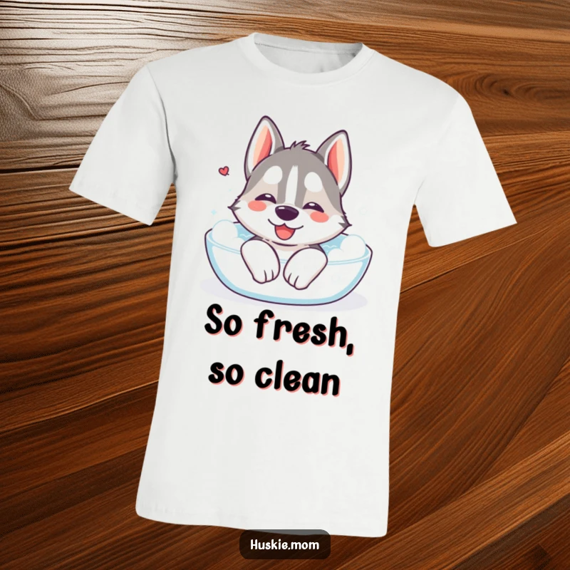 Funny Kawaii Husky T-Shirt: A depiction of a cute Husky with closed eyes, sighing happily in a bubble bath, radiating peace.