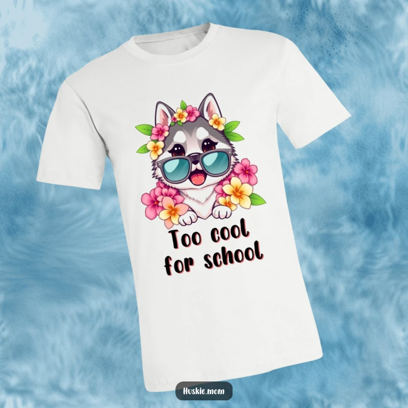 Funny Husky Lady T-Shirt featuring a cool husky wearing oversized sunglasses and a floral lei, ready for a vacation.