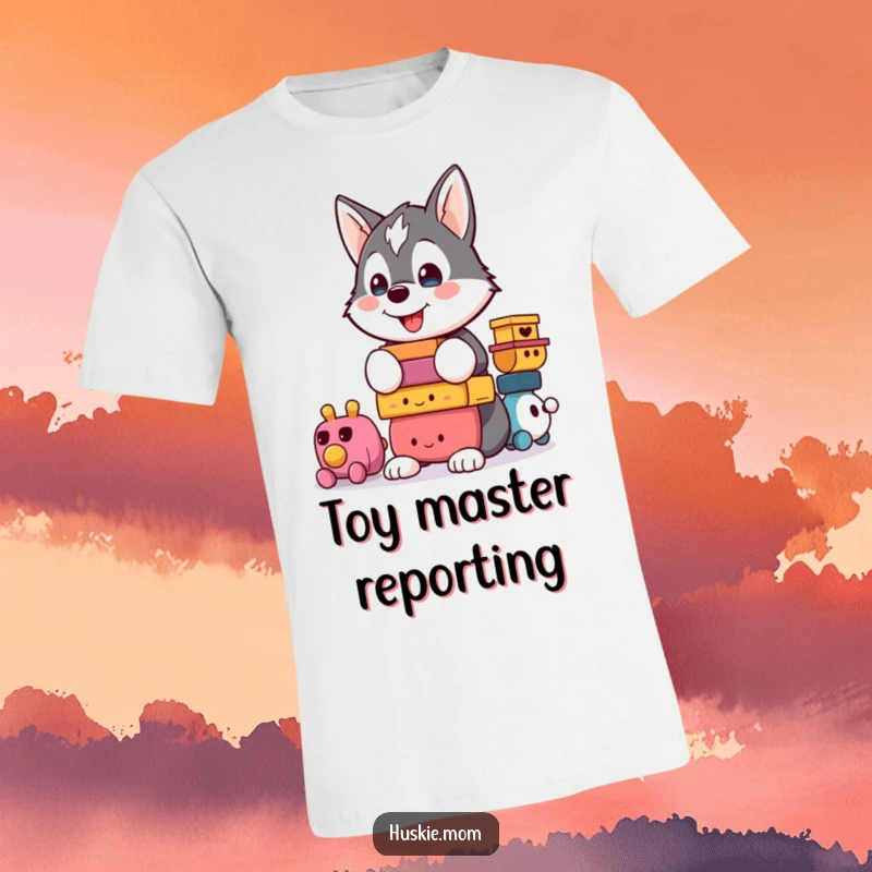 Funny Kawaii Husky T-Shirt: A proud husky stands tall, balancing a colorful stack of toys with a smug look.