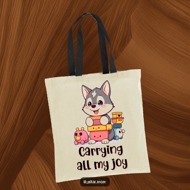 Funny Kawaii Husky Tote Bag: A proud husky carries a colorful pile of toys, showcasing its balancing skills humorously.