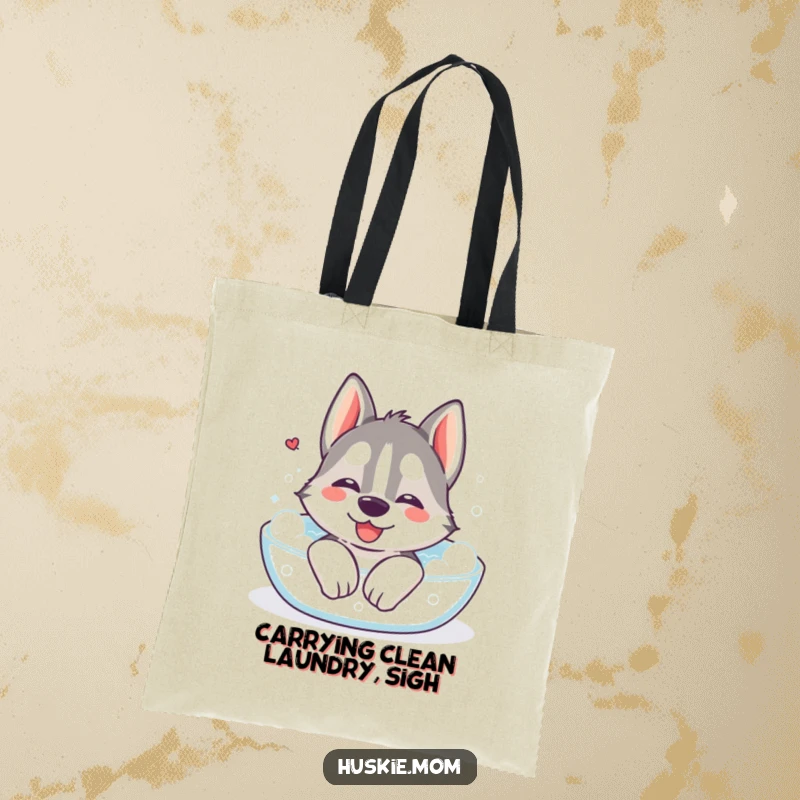 Funny Kawaii Husky Tote Bag: A tote featuring a cute Husky sighing happily in a bubble bath, perfect for carrying relaxation essentials.