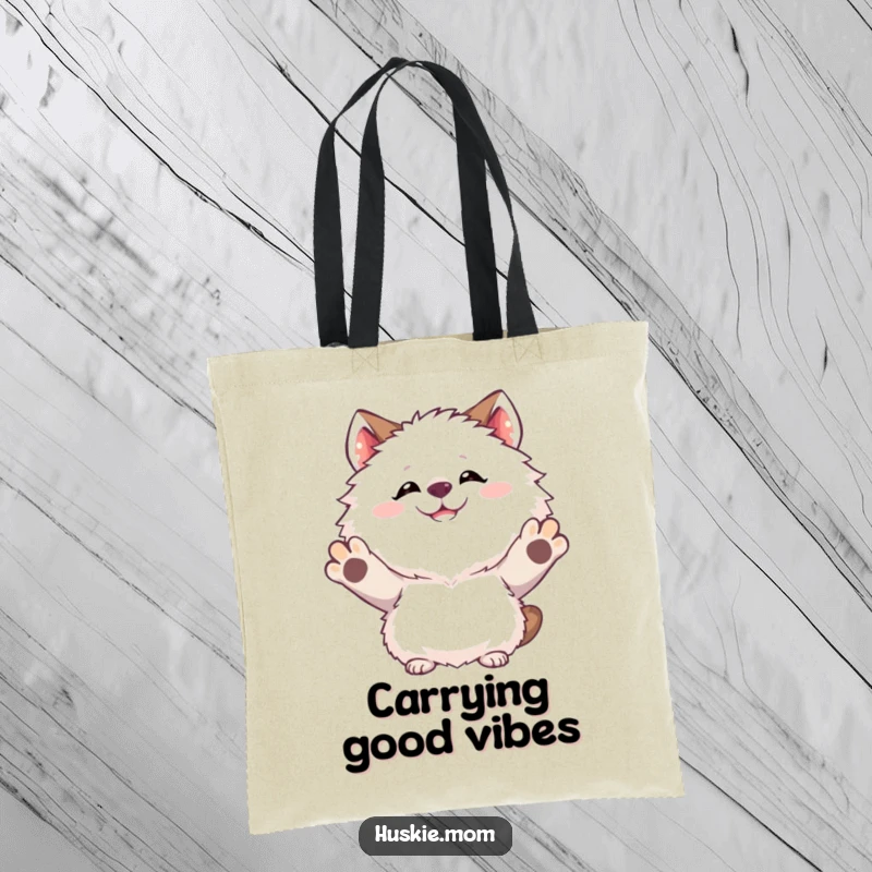 Funny Tote Bag with a fluffy animal’s goofy grin and raised paws, perfect for carrying fun items.