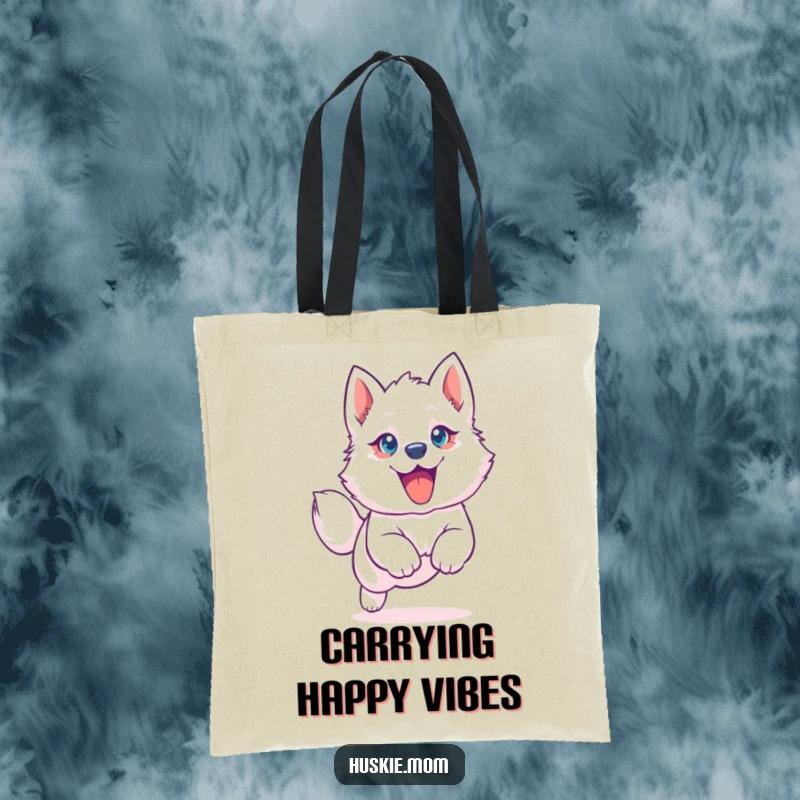 Funny Husky Puppy Tote Bag: Durable tote featuring a happy husky pup jumping, great for errands and funny gifts.