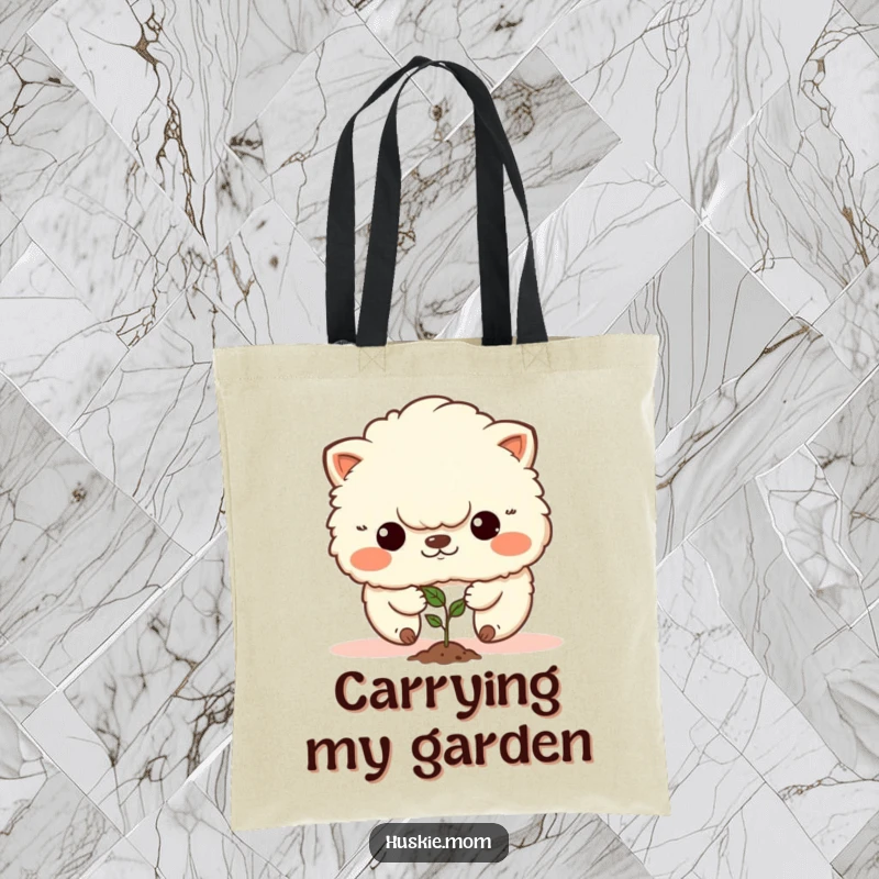 Funny tote bag featuring a fluffy animal with a determined gaze planting a seed, ideal for carrying inspiration.