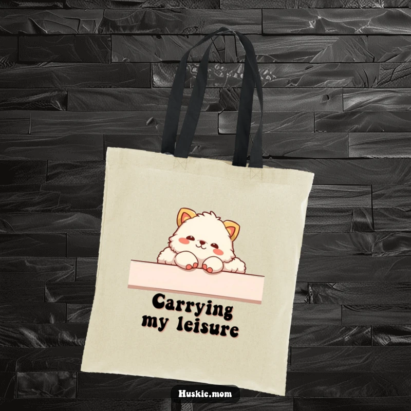 Funny tote bag illustrating a fluffy animal in a perfectly relaxed pose, paws dangling nonchalantly over the edge.