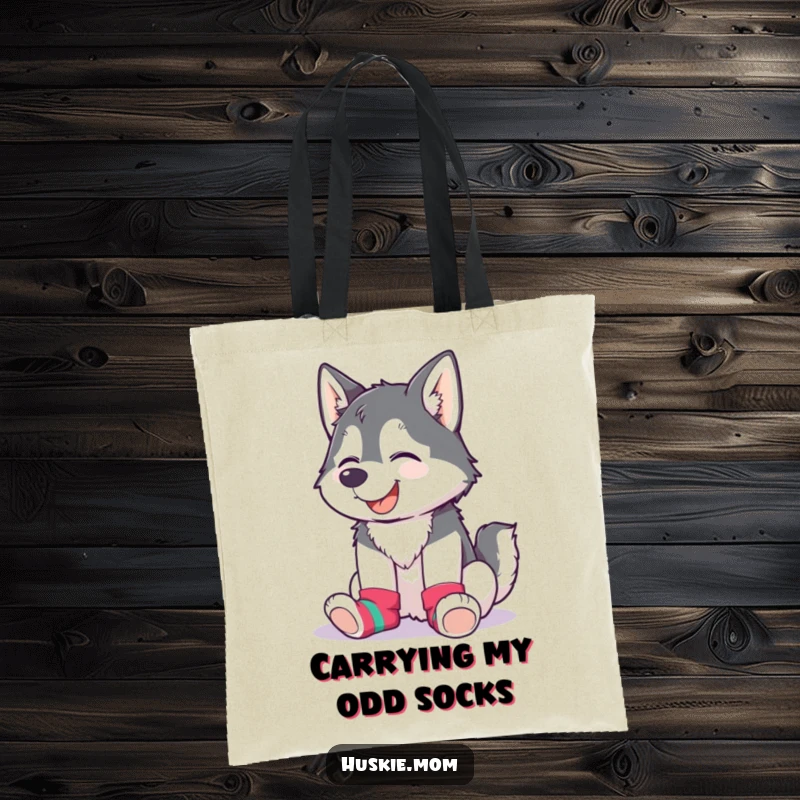 Funny Husky Lady Tote Bag showing a husky giggling while wearing mismatched, vibrant socks, a cheerful accessory.
