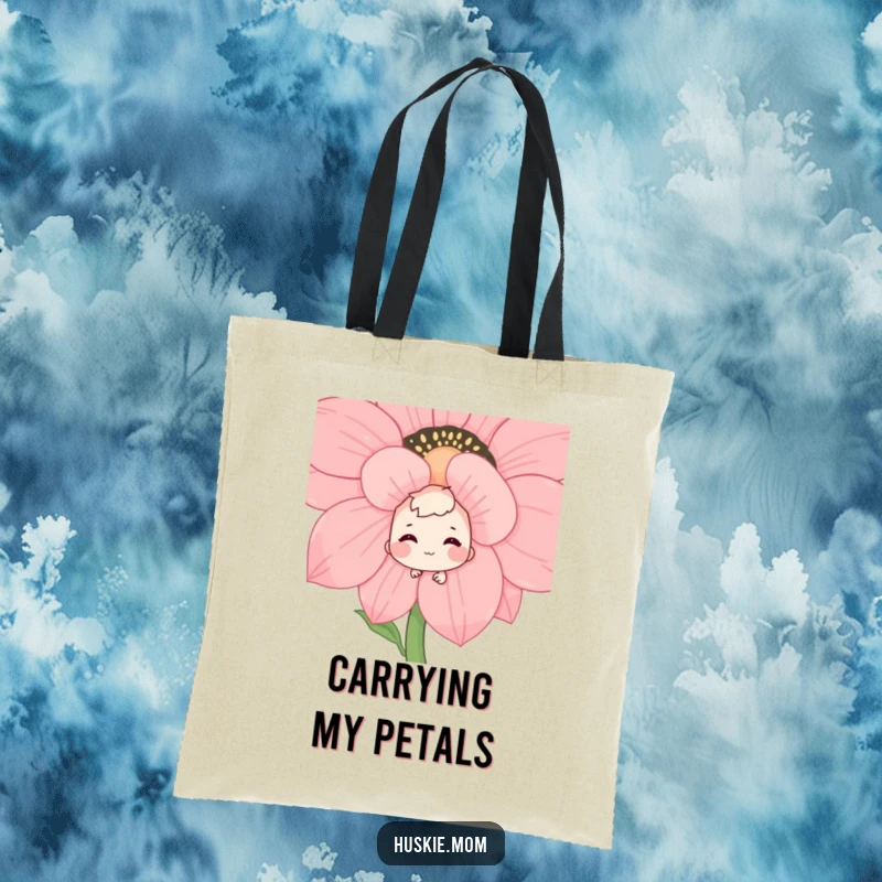 Funny canvas tote bag displaying a shy character peeking from behind a botanical bloom, a bashful grin indicating playful hiddenness, ideal for errands.