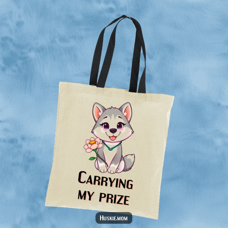 Funny Husky Lady Tote Bag, functional and fashionable, showing a proud husky lady holding a blooming flower, great for shopping.