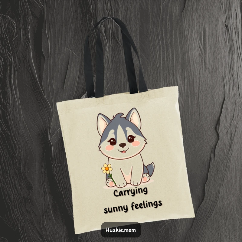 Funny Kawaii Husky Tote Bag: A cute husky offers a flower with a happy smile, designed for a humorous and practical carry-all.