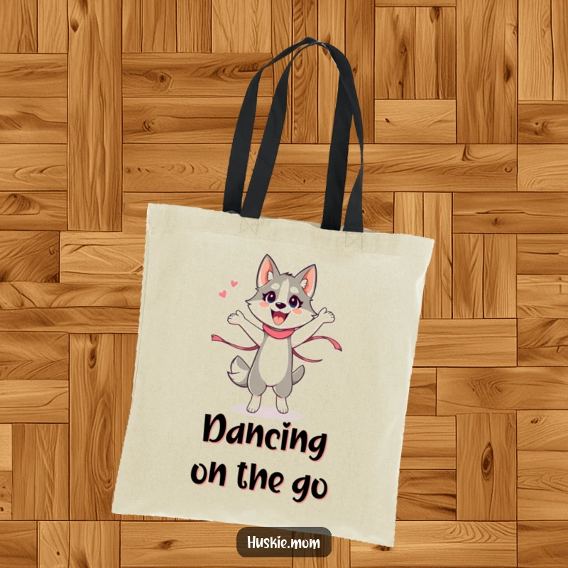 Funny Husky Lady Tote Bag, stylish and durable, showing an energetic husky lady performing a silly dance with a ribbon.