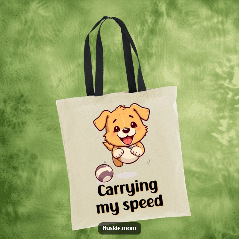 Fast Chasing Dog Tote Bag: A dog excitedly chases a ball with speed lines, a humorous and practical bag.